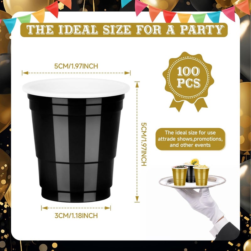 Pineburg 100Pack 2oz Disposable Shot Glasses, Black Gold Plastic Shot Cups, Mini Disposable Cups for Parties Valentine's Day Carnival Weddings Graduation Party Games & Events Supplies(Black&Gold) - Image 2